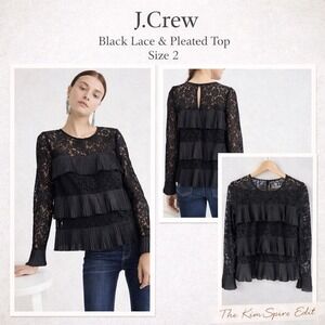 J.Crew Black Lace Tiered Pleated Ruffle Blouse Top Size 2 NWT Coquette Romantic